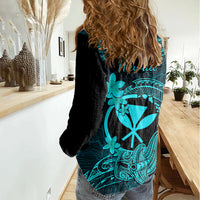 hawaii-women-casual-shirt-hammerhead-shark-tattoo-mix-polynesian-plumeria-turquoise-version