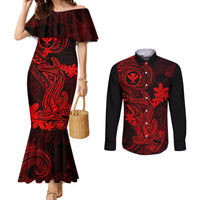 Hawaii Couples Matching Mermaid Dress and Long Sleeve Button Shirts Hammerhead Shark Tattoo Mix Polynesian Plumeria Red Version LT14 Red - Polynesian Pride
