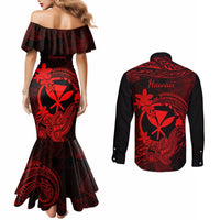 Hawaii Couples Matching Mermaid Dress and Long Sleeve Button Shirts Hammerhead Shark Tattoo Mix Polynesian Plumeria Red Version LT14 - Polynesian Pride