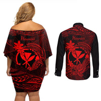 Hawaii Couples Matching Off Shoulder Short Dress and Long Sleeve Button Shirts Hammerhead Shark Tattoo Mix Polynesian Plumeria Red Version LT14 - Polynesian Pride