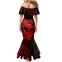 hawaii-family-matching-mermaid-dress-and-hawaiian-shirt-hammerhead-shark-tattoo-mix-polynesian-plumeria-red-version