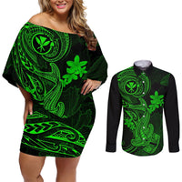 Hawaii Couples Matching Off Shoulder Short Dress and Long Sleeve Button Shirts Hammerhead Shark Tattoo Mix Polynesian Plumeria Green Version LT14 Green - Polynesian Pride