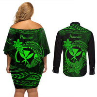 Hawaii Couples Matching Off Shoulder Short Dress and Long Sleeve Button Shirts Hammerhead Shark Tattoo Mix Polynesian Plumeria Green Version LT14 - Polynesian Pride