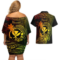 Hawaii Couples Matching Off Shoulder Short Dress and Hawaiian Shirt Turtle Mix Polynesian Plumeria Reggae Version LT14 - Polynesian Pride