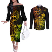 Hawaii Couples Matching Off The Shoulder Long Sleeve Dress and Long Sleeve Button Shirts Turtle Mix Polynesian Plumeria Reggae Version LT14 Reggae - Polynesian Pride