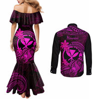 Hawaii Couples Matching Mermaid Dress and Long Sleeve Button Shirts Turtle Mix Polynesian Plumeria Pink Version LT14 - Polynesian Pride