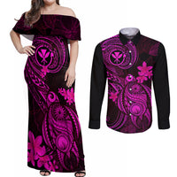 Hawaii Couples Matching Off Shoulder Maxi Dress and Long Sleeve Button Shirts Turtle Mix Polynesian Plumeria Pink Version LT14 Pink - Polynesian Pride