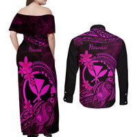 Hawaii Couples Matching Off Shoulder Maxi Dress and Long Sleeve Button Shirts Turtle Mix Polynesian Plumeria Pink Version LT14 - Polynesian Pride
