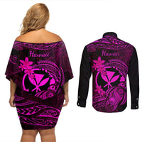 Hawaii Couples Matching Off Shoulder Short Dress and Long Sleeve Button Shirts Turtle Mix Polynesian Plumeria Pink Version LT14 - Polynesian Pride