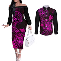 Hawaii Couples Matching Off The Shoulder Long Sleeve Dress and Long Sleeve Button Shirts Turtle Mix Polynesian Plumeria Pink Version LT14 Pink - Polynesian Pride