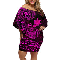 Hawaii Off Shoulder Short Dress Turtle Mix Polynesian Plumeria Pink Version LT14 Women Pink - Polynesian Pride