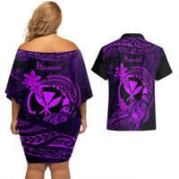 Hawaii Couples Matching Off Shoulder Short Dress and Hawaiian Shirt Turtle Mix Polynesian Plumeria Purple Version LT14 - Polynesian Pride