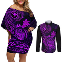 Hawaii Couples Matching Off Shoulder Short Dress and Long Sleeve Button Shirts Turtle Mix Polynesian Plumeria Purple Version LT14 Purple - Polynesian Pride