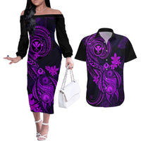 hawaii-couples-matching-off-the-shoulder-long-sleeve-dress-and-hawaiian-shirt-turtle-mix-polynesian-plumeria-purple-version