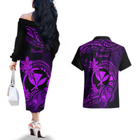 hawaii-couples-matching-off-the-shoulder-long-sleeve-dress-and-hawaiian-shirt-turtle-mix-polynesian-plumeria-purple-version