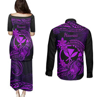 Hawaii Couples Matching Puletasi Dress and Long Sleeve Button Shirts Turtle Mix Polynesian Plumeria Purple Version LT14 - Polynesian Pride