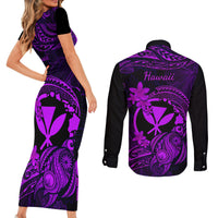 Hawaii Couples Matching Short Sleeve Bodycon Dress and Long Sleeve Button Shirts Turtle Mix Polynesian Plumeria Purple Version LT14 - Polynesian Pride