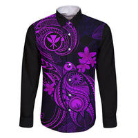 Hawaii Family Matching Long Sleeve Bodycon Dress and Hawaiian Shirt Turtle Mix Polynesian Plumeria Purple Version LT14 Dad's Shirt - Long Sleeve Purple - Polynesian Pride