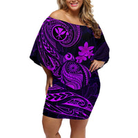 Hawaii Off Shoulder Short Dress Turtle Mix Polynesian Plumeria Purple Version LT14 Women Purple - Polynesian Pride