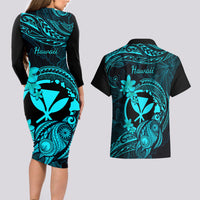Hawaii Couples Matching Long Sleeve Bodycon Dress and Hawaiian Shirt Turtle Mix Polynesian Plumeria Turquoise Version LT14 - Polynesian Pride