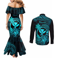 Hawaii Couples Matching Mermaid Dress and Long Sleeve Button Shirts Turtle Mix Polynesian Plumeria Turquoise Version LT14 - Polynesian Pride