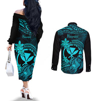Hawaii Couples Matching Off The Shoulder Long Sleeve Dress and Long Sleeve Button Shirts Turtle Mix Polynesian Plumeria Turquoise Version LT14 - Polynesian Pride