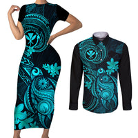 Hawaii Couples Matching Short Sleeve Bodycon Dress and Long Sleeve Button Shirts Turtle Mix Polynesian Plumeria Turquoise Version LT14 Turquoise - Polynesian Pride