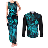 Hawaii Couples Matching Tank Maxi Dress and Long Sleeve Button Shirts Turtle Mix Polynesian Plumeria Turquoise Version LT14 Turquoise - Polynesian Pride