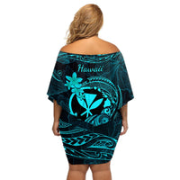 Hawaii Off Shoulder Short Dress Turtle Mix Polynesian Plumeria Turquoise Version LT14 - Polynesian Pride
