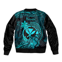 Hawaii Sleeve Zip Bomber Jacket Turtle Mix Polynesian Plumeria Turquoise Version LT14 - Polynesian Pride