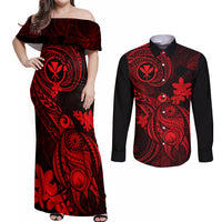 Hawaii Couples Matching Off Shoulder Maxi Dress and Long Sleeve Button Shirts Turtle Mix Polynesian Plumeria Red Version LT14 Red - Polynesian Pride