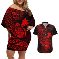 Hawaii Couples Matching Off Shoulder Short Dress and Hawaiian Shirt Turtle Mix Polynesian Plumeria Red Version LT14 Red - Polynesian Pride