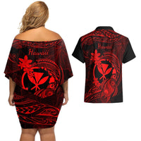 Hawaii Couples Matching Off Shoulder Short Dress and Hawaiian Shirt Turtle Mix Polynesian Plumeria Red Version LT14 - Polynesian Pride