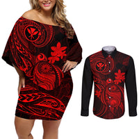Hawaii Couples Matching Off Shoulder Short Dress and Long Sleeve Button Shirts Turtle Mix Polynesian Plumeria Red Version LT14 Red - Polynesian Pride