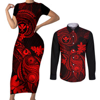 Hawaii Couples Matching Short Sleeve Bodycon Dress and Long Sleeve Button Shirts Turtle Mix Polynesian Plumeria Red Version LT14 Red - Polynesian Pride