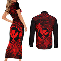 Hawaii Couples Matching Short Sleeve Bodycon Dress and Long Sleeve Button Shirts Turtle Mix Polynesian Plumeria Red Version LT14 - Polynesian Pride