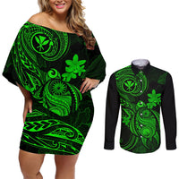 Hawaii Couples Matching Off Shoulder Short Dress and Long Sleeve Button Shirts Turtle Mix Polynesian Plumeria Green Version LT14 Green - Polynesian Pride