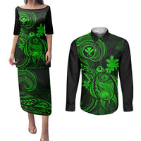 Hawaii Couples Matching Puletasi Dress and Long Sleeve Button Shirts Turtle Mix Polynesian Plumeria Green Version LT14 Green - Polynesian Pride
