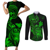 Hawaii Couples Matching Short Sleeve Bodycon Dress and Long Sleeve Button Shirts Turtle Mix Polynesian Plumeria Green Version LT14 Green - Polynesian Pride
