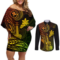 Hawaii Couples Matching Off Shoulder Short Dress and Long Sleeve Button Shirts Ukulele Mix Polynesian Plumeria Reggae Version LT14 Reggae - Polynesian Pride