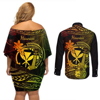 Hawaii Couples Matching Off Shoulder Short Dress and Long Sleeve Button Shirts Ukulele Mix Polynesian Plumeria Reggae Version LT14 - Polynesian Pride
