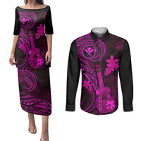 Hawaii Couples Matching Puletasi Dress and Long Sleeve Button Shirts Ukulele Mix Polynesian Plumeria Pink Version LT14 Pink - Polynesian Pride