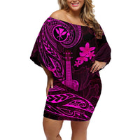 Hawaii Off Shoulder Short Dress Ukulele Mix Polynesian Plumeria Pink Version LT14 Women Pink - Polynesian Pride