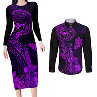 hawaii-couples-matching-long-sleeve-bodycon-dress-and-long-sleeve-button-shirts-ukulele-mix-polynesian-plumeria-purple-version