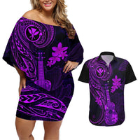 Hawaii Couples Matching Off Shoulder Short Dress and Hawaiian Shirt Ukulele Mix Polynesian Plumeria Purple Version LT14 Purple - Polynesian Pride