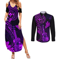 Hawaii Couples Matching Summer Maxi Dress and Long Sleeve Button Shirts Ukulele Mix Polynesian Plumeria Purple Version LT14 Purple - Polynesian Pride