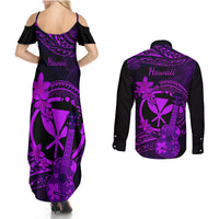 hawaii-couples-matching-summer-maxi-dress-and-long-sleeve-button-shirts-ukulele-mix-polynesian-plumeria-purple-version
