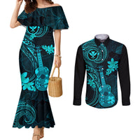 Hawaii Couples Matching Mermaid Dress and Long Sleeve Button Shirts Ukulele Mix Polynesian Plumeria Turquoise Version LT14 Turquoise - Polynesian Pride