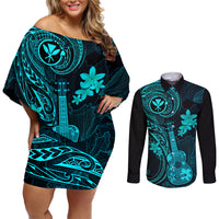 Hawaii Couples Matching Off Shoulder Short Dress and Long Sleeve Button Shirts Ukulele Mix Polynesian Plumeria Turquoise Version LT14 Turquoise - Polynesian Pride
