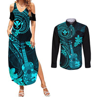 Hawaii Couples Matching Summer Maxi Dress and Long Sleeve Button Shirts Ukulele Mix Polynesian Plumeria Turquoise Version LT14 Turquoise - Polynesian Pride